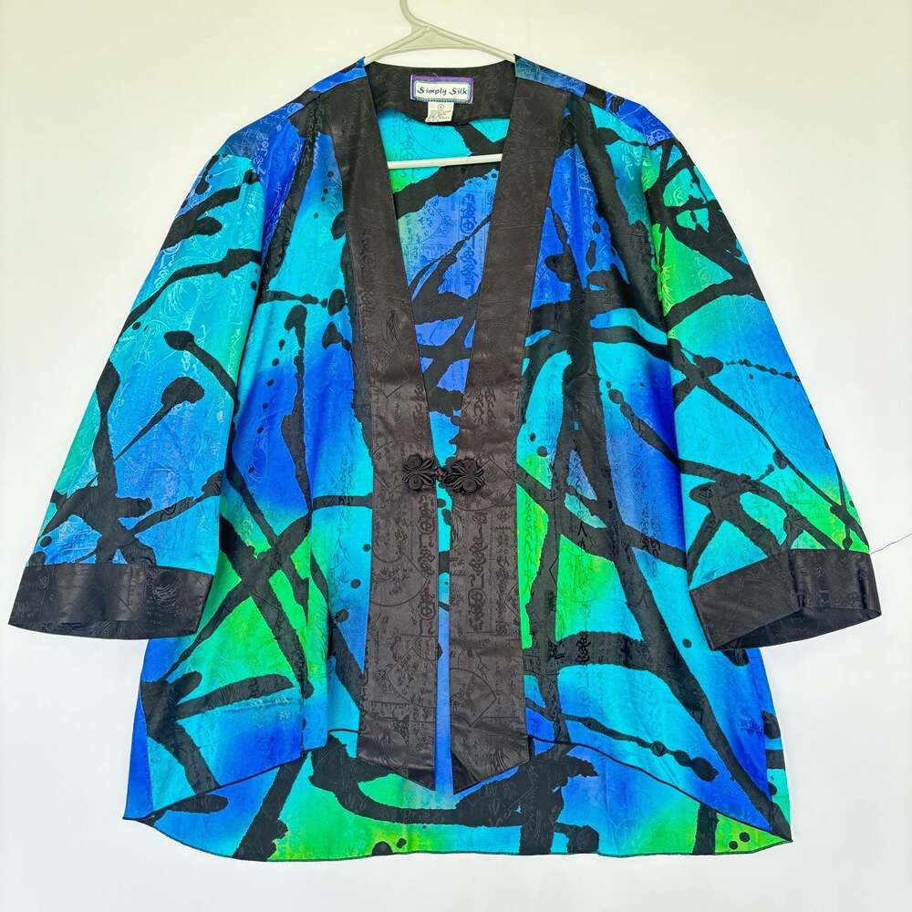 Simply Silk Silk Kimono Jacket L Blue Green Abstract Art To Wear Boho Wearable A